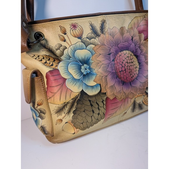 Anna by Anuschka Zip Around Satchel Floral Hand Painted Handbag Genuine Leather - Picture 2 of 11